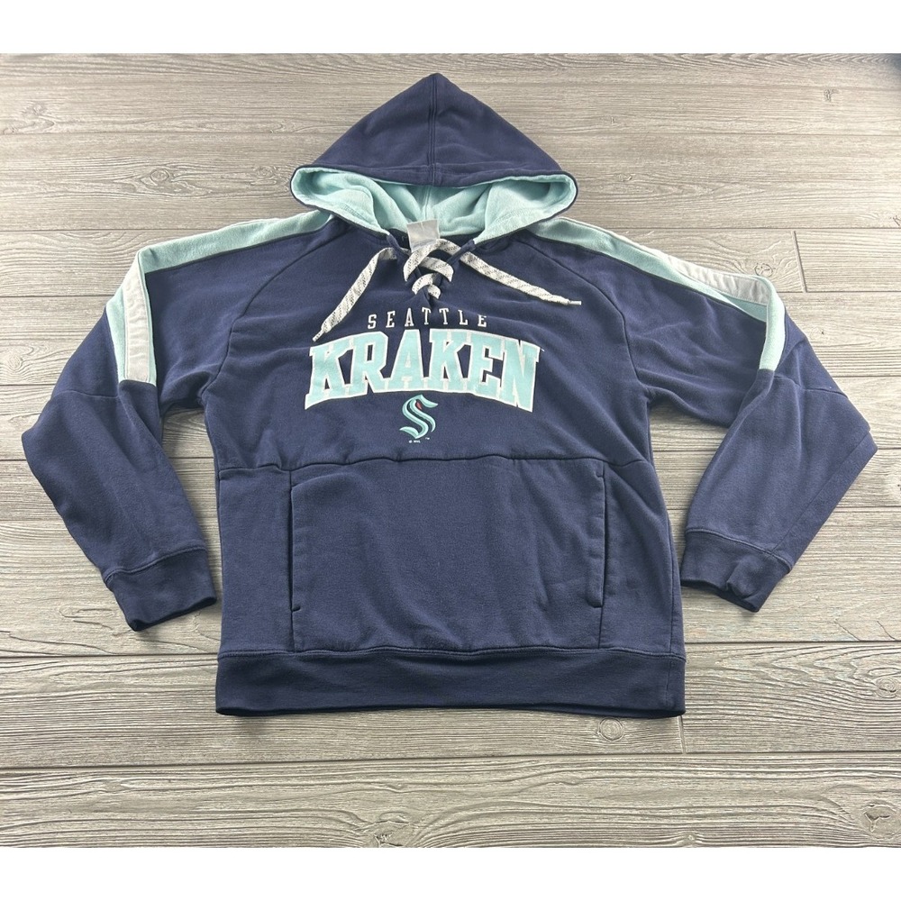 NHL Women's Seattle Kraken Lace Up Neck Pullover Hoodie Navy Size Medium